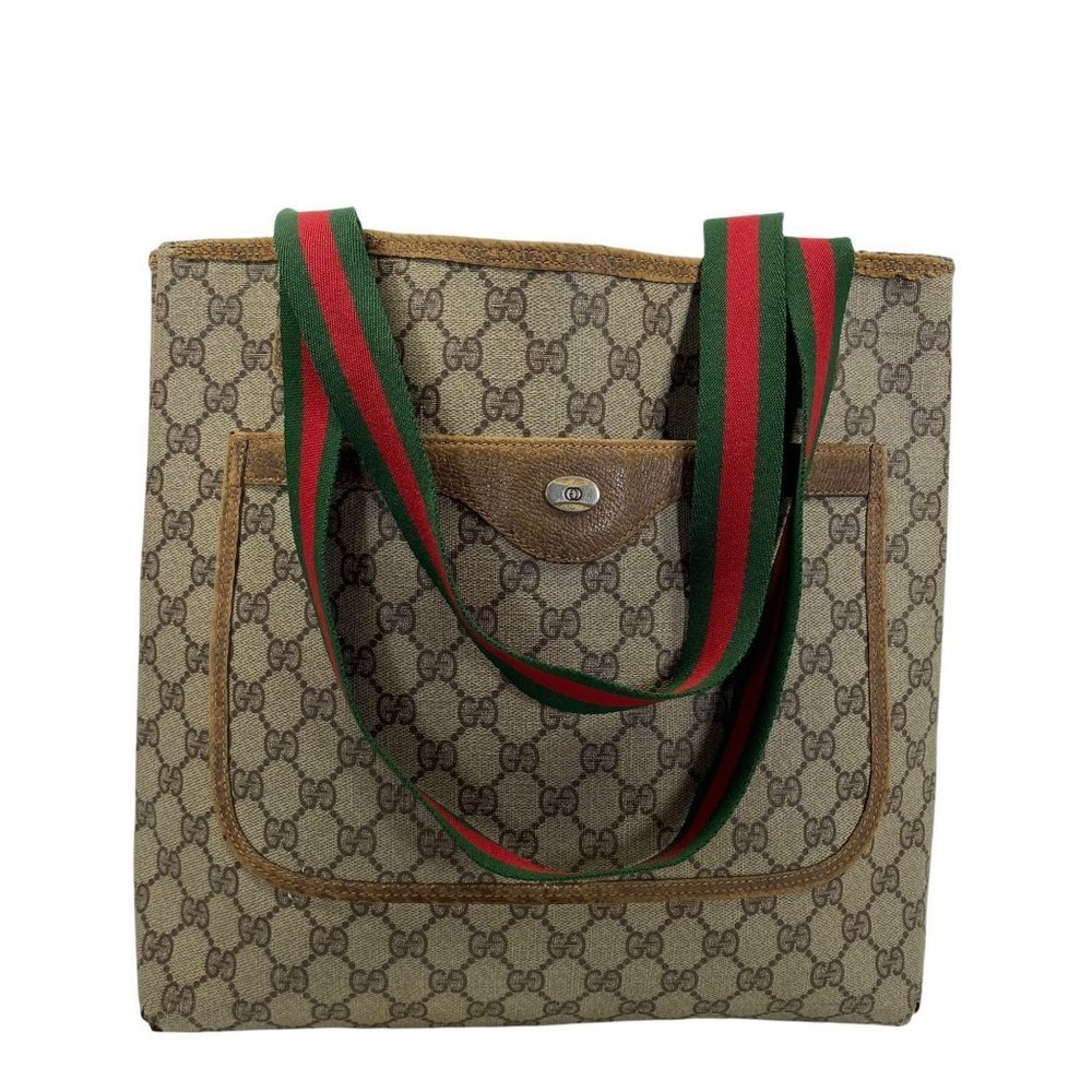 Authentic Gucci Tote Bag Cream Brown PVC Sherry Handbag On Sale Vintage